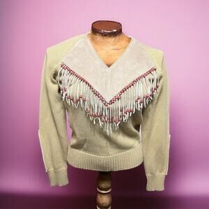 VINTAGE 90s Miller Fringe Knit Sweater Size Small Suede Boho Western Beaded